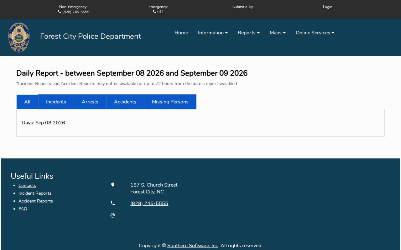 Forest City Citizen Connect daily report with Arrests filter