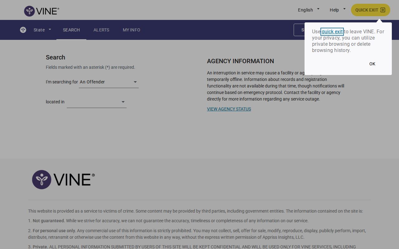 VINELink custody search screen for selecting a state and searching a person